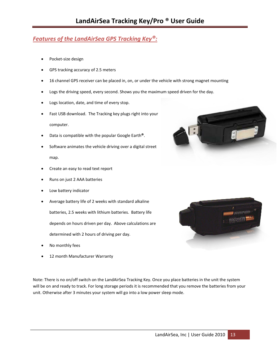 Features of the landairsea gps tracking key, Landairsea tracking key/pro ® user guide | LandAirSea GPS Tracking Key Pro User Guide User Manual | Page 13 / 46