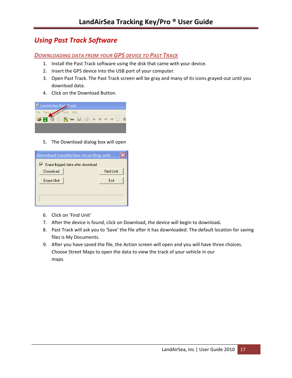 Using past track software, Ownloading data from your, Device to | Rack, Landairsea tracking key/pro ® user guide | LandAirSea GPS Tracking Key Pro User Guide User Manual | Page 17 / 46