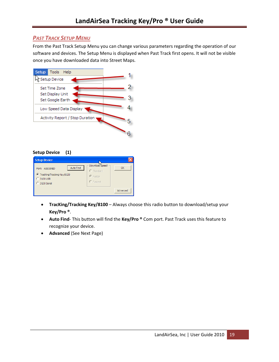Setup device (1), Rack, Etup | Landairsea tracking key/pro ® user guide | LandAirSea GPS Tracking Key Pro User Guide User Manual | Page 19 / 46