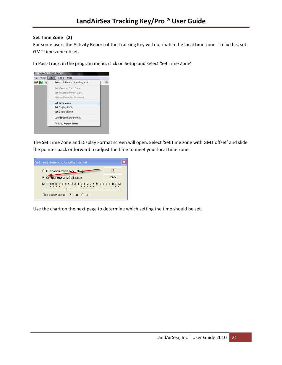 Set time zone (2), Landairsea tracking key/pro ® user guide | LandAirSea GPS Tracking Key Pro User Guide User Manual | Page 21 / 46