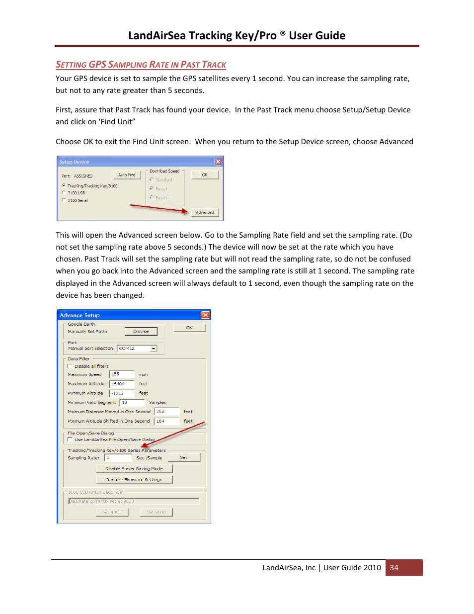 Etting, Ampling, Ate in | Rack, Landairsea tracking key/pro ® user guide | LandAirSea GPS Tracking Key Pro User Guide User Manual | Page 34 / 46