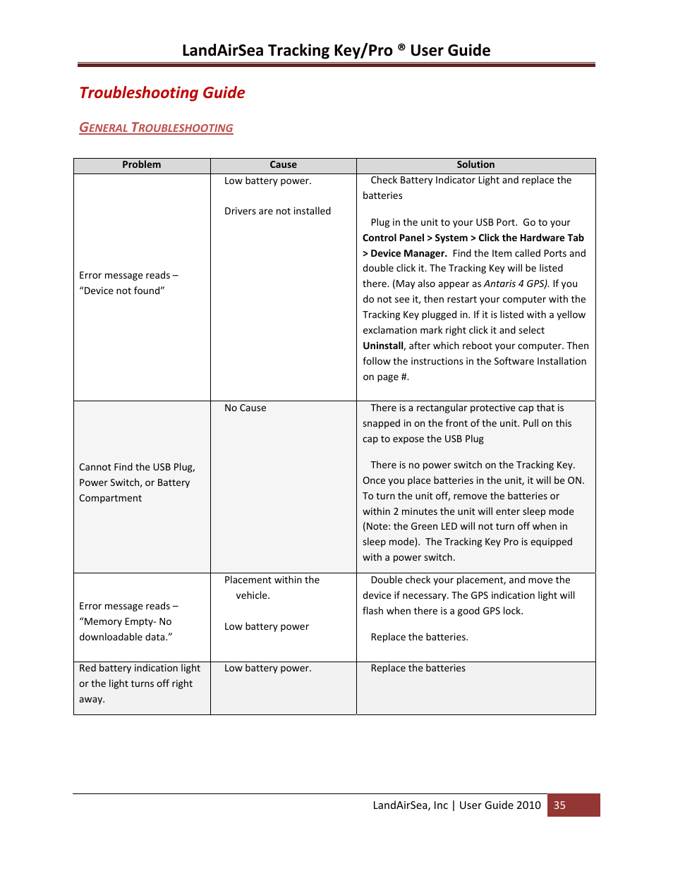 Troubleshooting guide, Eneral, Roubleshooting | Landairsea tracking key/pro ® user guide | LandAirSea GPS Tracking Key Pro User Guide User Manual | Page 35 / 46