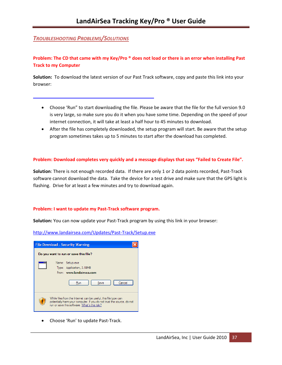 Roubleshooting, Roblems, Olutions | Landairsea tracking key/pro ® user guide | LandAirSea GPS Tracking Key Pro User Guide User Manual | Page 37 / 46