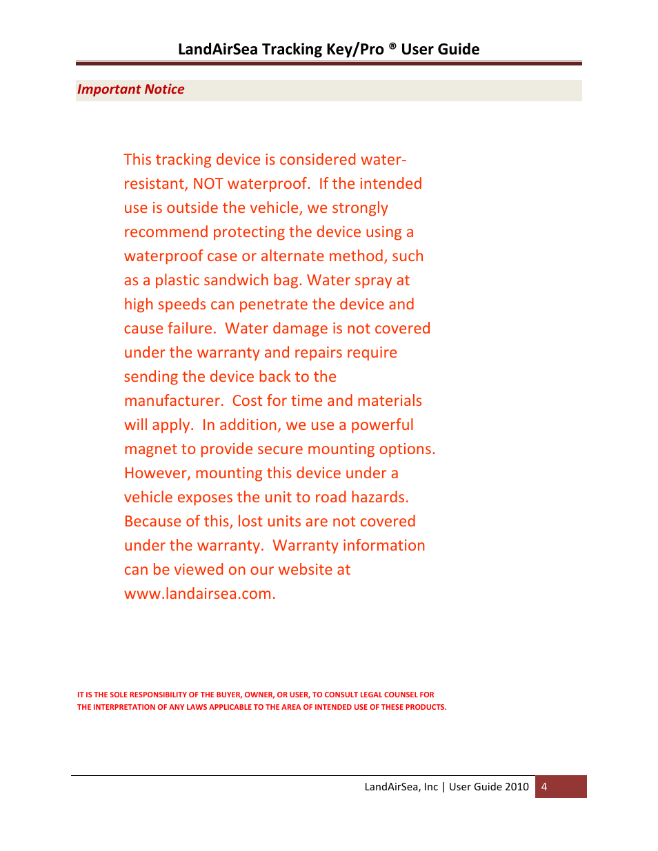 Landairsea tracking key/pro ® user guide | LandAirSea GPS Tracking Key Pro User Guide User Manual | Page 4 / 46