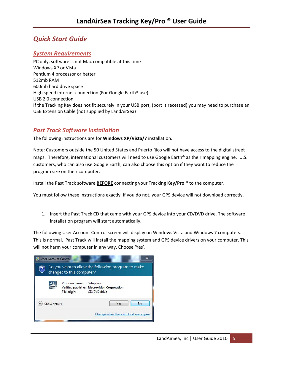 Quick start guide, System requirements, Landairsea tracking key/pro ® user guide | LandAirSea GPS Tracking Key Pro User Guide User Manual | Page 5 / 46