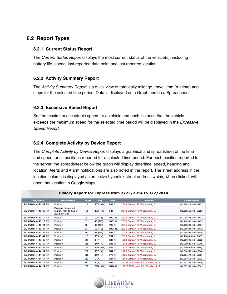 2! report types | LandAirSea SilverCloud Sync GPS Tracker User Manual | Page 20 / 23