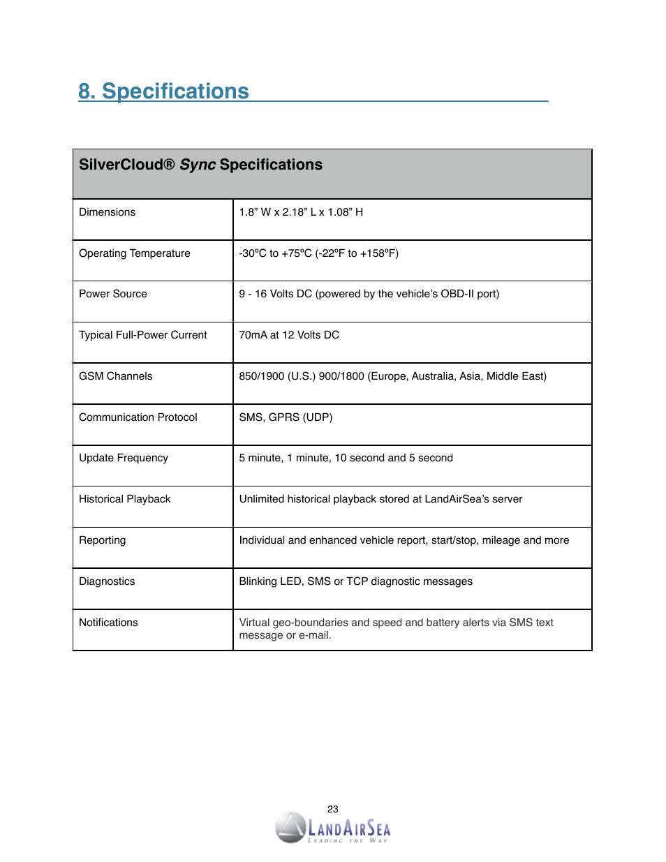 Specifications, Silvercloud specifications, Silvercloud® sync specifications | LandAirSea SilverCloud Sync GPS Tracker User Manual | Page 23 / 23