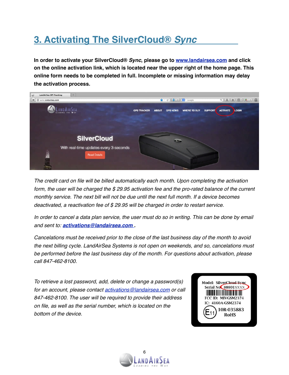 Activating the silvercloud® sync | LandAirSea SilverCloud Sync GPS Tracker User Manual | Page 6 / 23