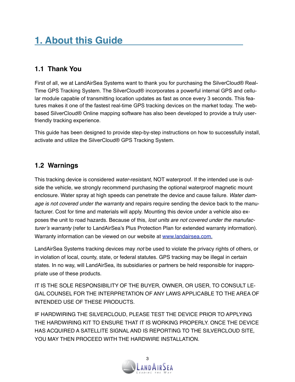 About this guide | LandAirSea SilverCloud Rear-Time GPS Tracker User Manual | Page 3 / 23