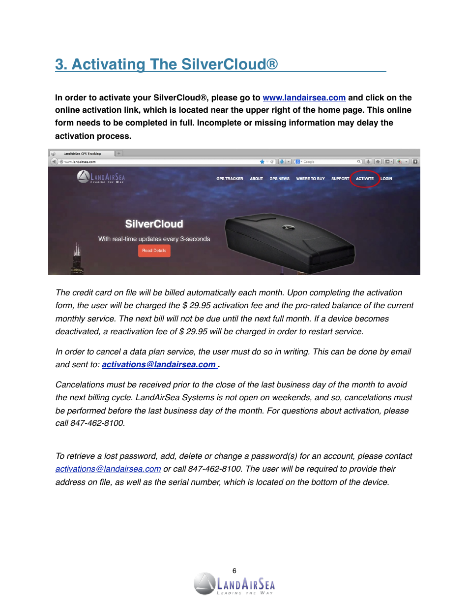 Activating the silvercloud | LandAirSea SilverCloud Rear-Time GPS Tracker User Manual | Page 6 / 23