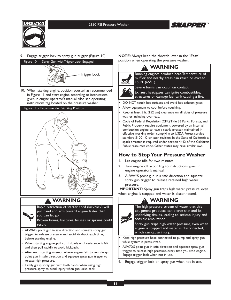 How to stop your pressure washer, Warning | Briggs & Stratton 2650 PSI User Manual | Page 11 / 36