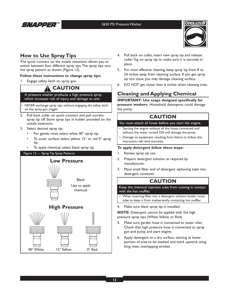 How to use spray tips, Cleaning and applying chemical, Caution | Low pressure high pressure | Briggs & Stratton 2650 PSI User Manual | Page 12 / 36