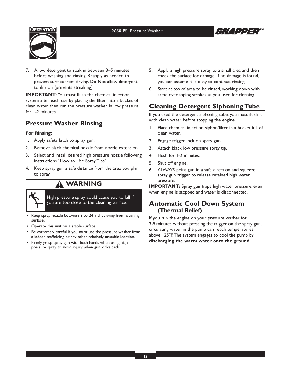 Pressure washer rinsing, Cleaning detergent siphoning tube, Automatic cool down system | Warning | Briggs & Stratton 2650 PSI User Manual | Page 13 / 36
