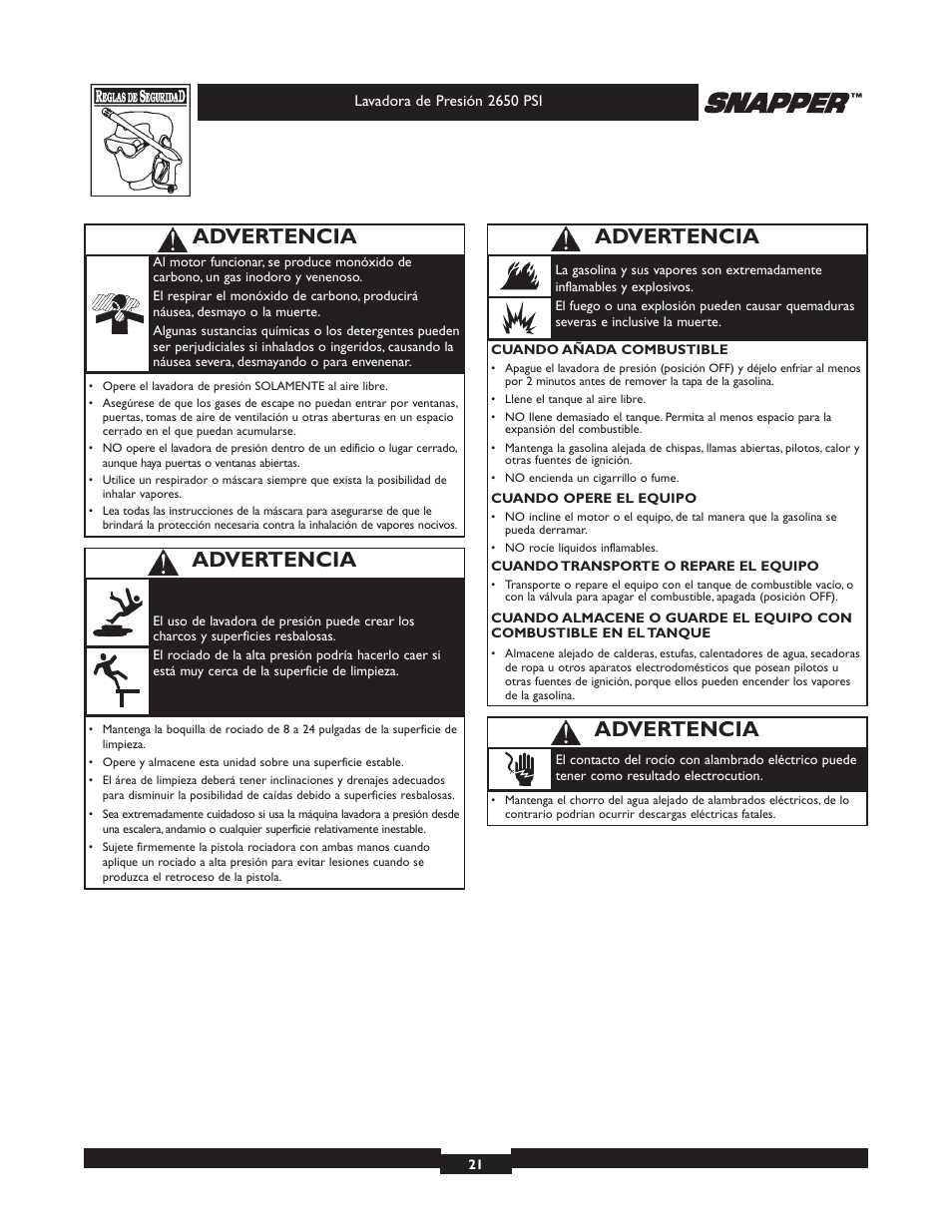 Advertencia | Briggs & Stratton 2650 PSI User Manual | Page 21 / 36