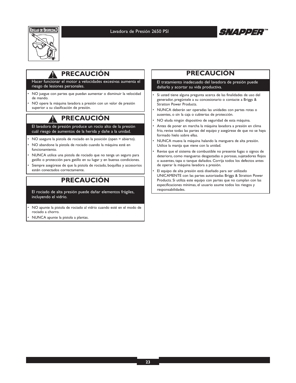 Precaución | Briggs & Stratton 2650 PSI User Manual | Page 23 / 36