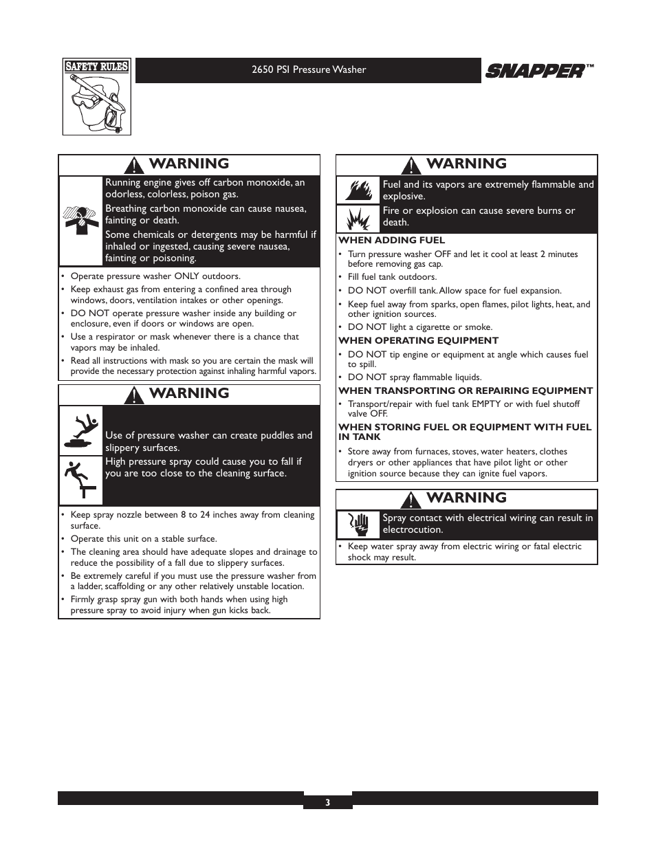 Warning | Briggs & Stratton 2650 PSI User Manual | Page 3 / 36