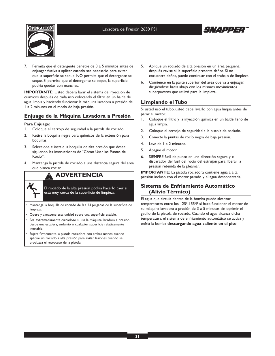 Advertencia, Enjuage de la máquina lavadora a presión, Limpiando el tubo | Briggs & Stratton 2650 PSI User Manual | Page 31 / 36