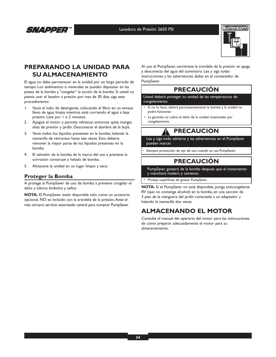 Preparando la unidad para su almacenamiento, Almacenando el motor, Precaución | Briggs & Stratton 2650 PSI User Manual | Page 34 / 36