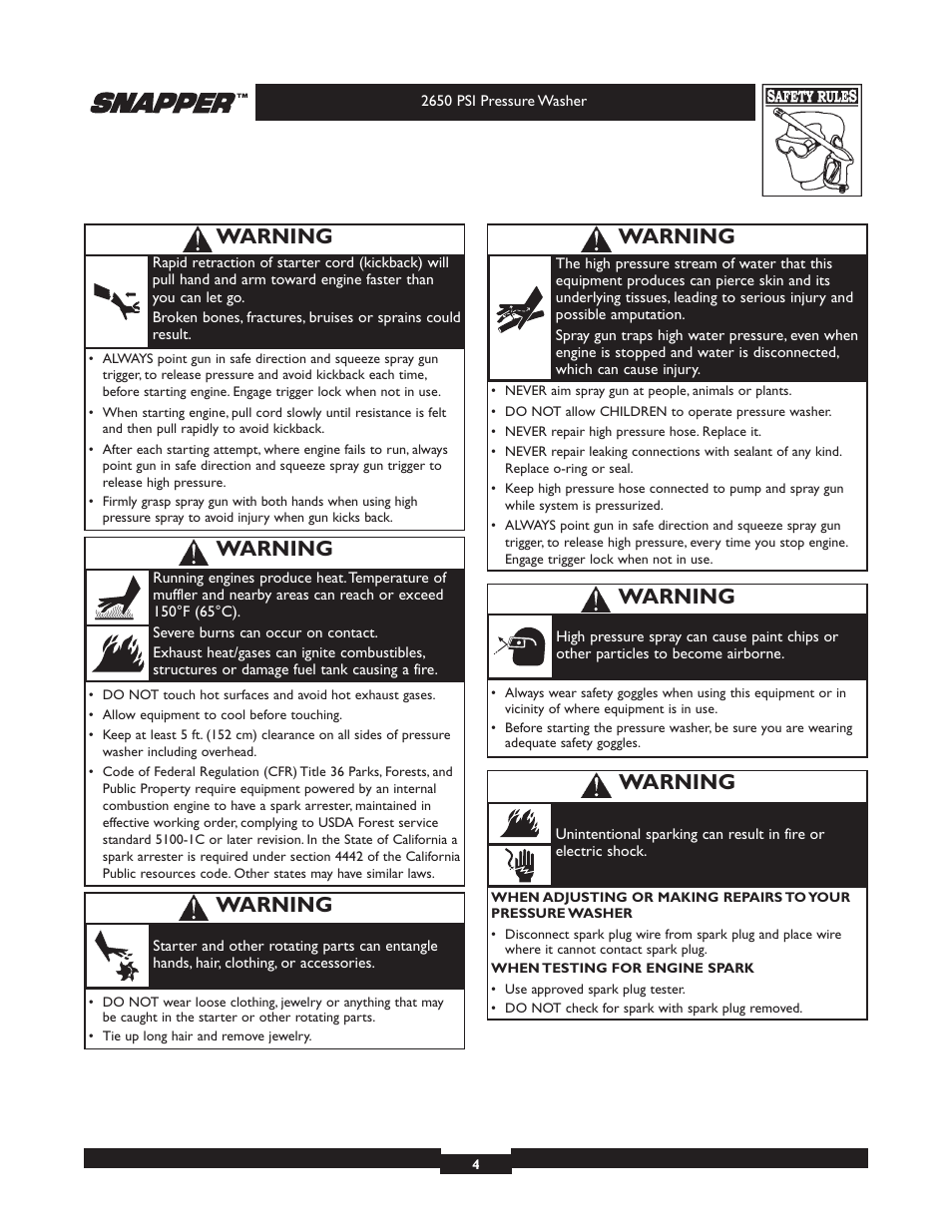 Warning | Briggs & Stratton 2650 PSI User Manual | Page 4 / 36