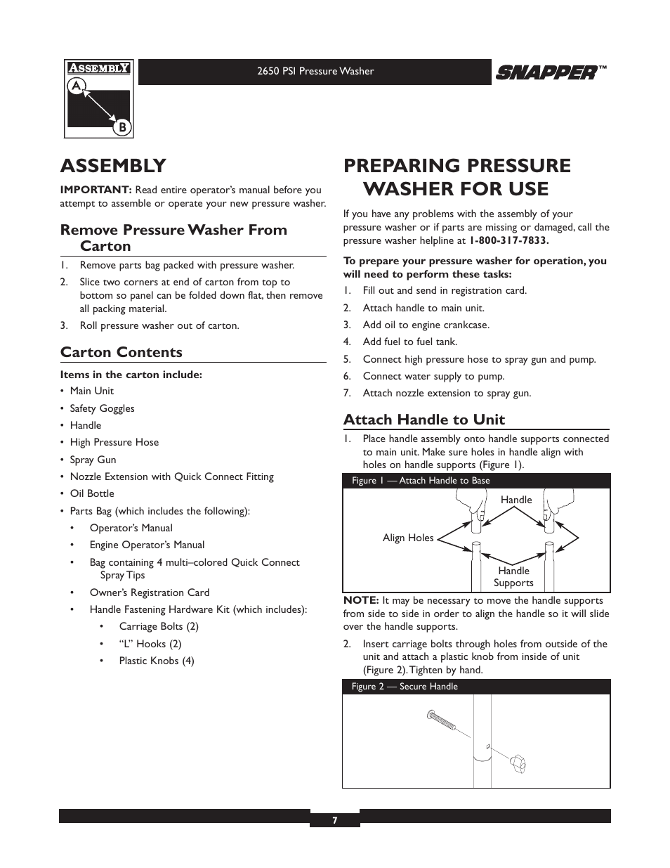 Assembly, Preparing pressure washer for use, Remove pressure washer from carton | Carton contents, Attach handle to unit | Briggs & Stratton 2650 PSI User Manual | Page 7 / 36