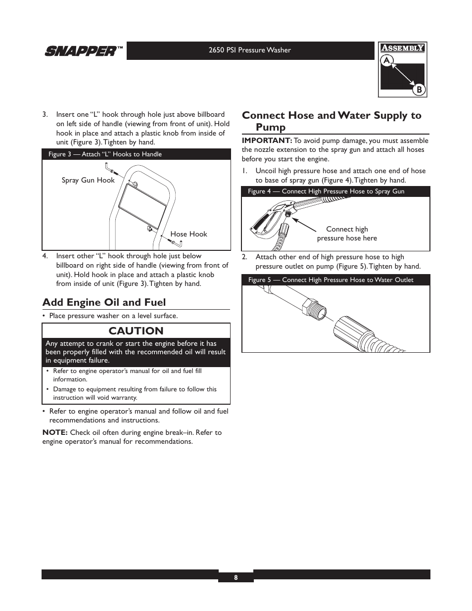 Add engine oil and fuel, Connect hose and water supply to pump, Caution | Briggs & Stratton 2650 PSI User Manual | Page 8 / 36