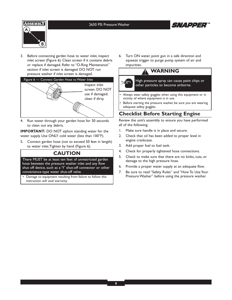 Checklist before starting engine, Caution, Warning | Briggs & Stratton 2650 PSI User Manual | Page 9 / 36
