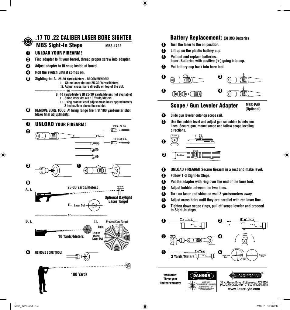 17 to .22 caliber laser bore sighter, Mbs sight-in steps battery replacement, Unload | Scope / gun leveler adapter | LaserLyte MBS-1722 - Low Rez Size User Manual | Page 2 / 2