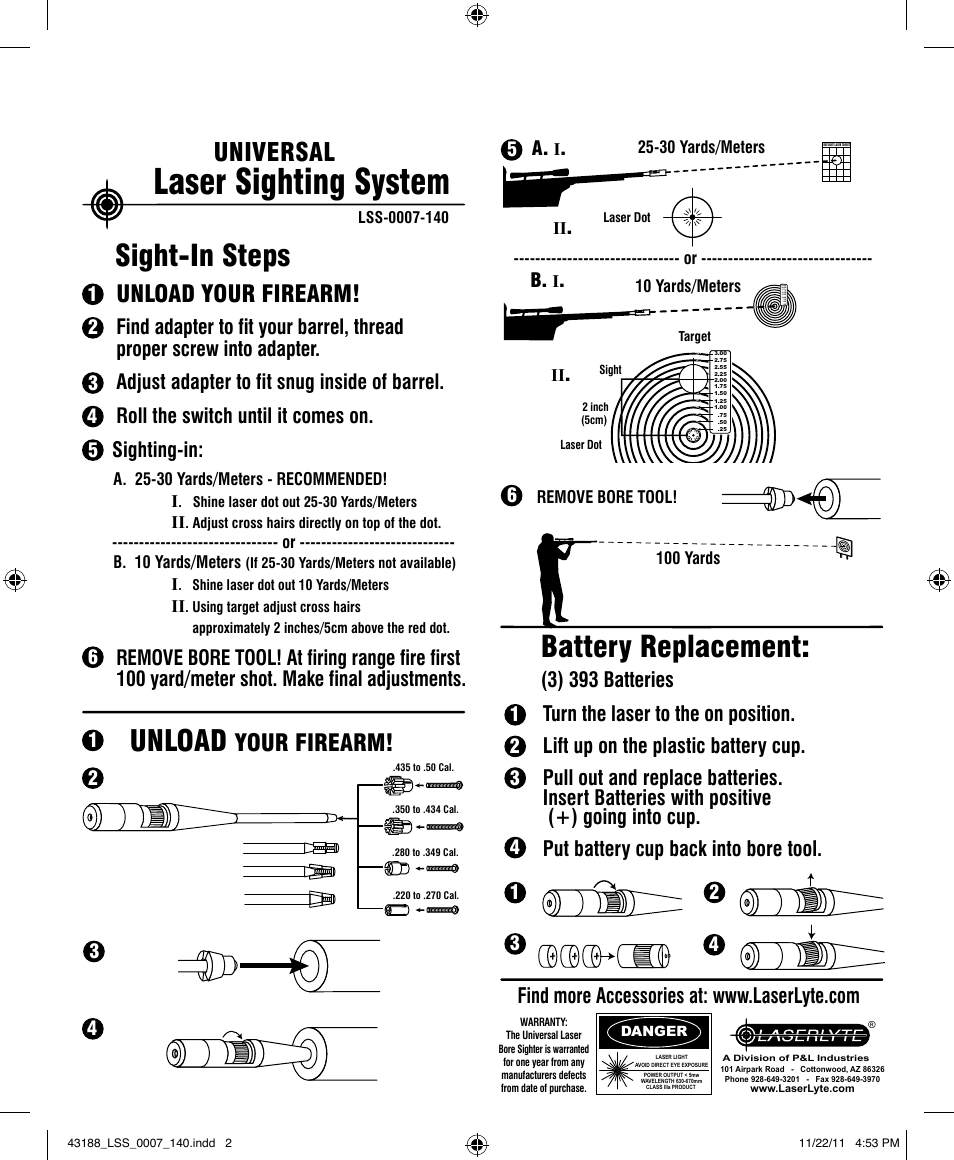Laser sighting system, Sight-in steps, Battery replacement | Unload, Universal, Unload your firearm, Your firearm, 3) 393 batteries | LaserLyte LSS-0007-140 - Large Rez Size User Manual | Page 2 / 2