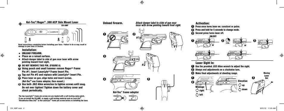 Unload firearm, Activation, Laser sight in | Installation, Kel-tec, Ruger, 380 acp side mount laser | LaserLyte CK-AMF - Low Rez Size User Manual | Page 2 / 2