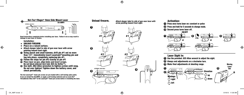 Unload firearm, Activation, Laser sight in | Kel-tec, Ruger, 9mm side mount laser | LaserLyte CK-AMF9 - Low Rez Size User Manual | Page 2 / 2