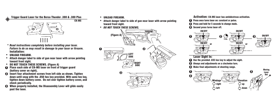 Installation, Activation, Laser sight in | Unload firearm | LaserLyte CK-MS - Low Rez Size User Manual | Page 2 / 2