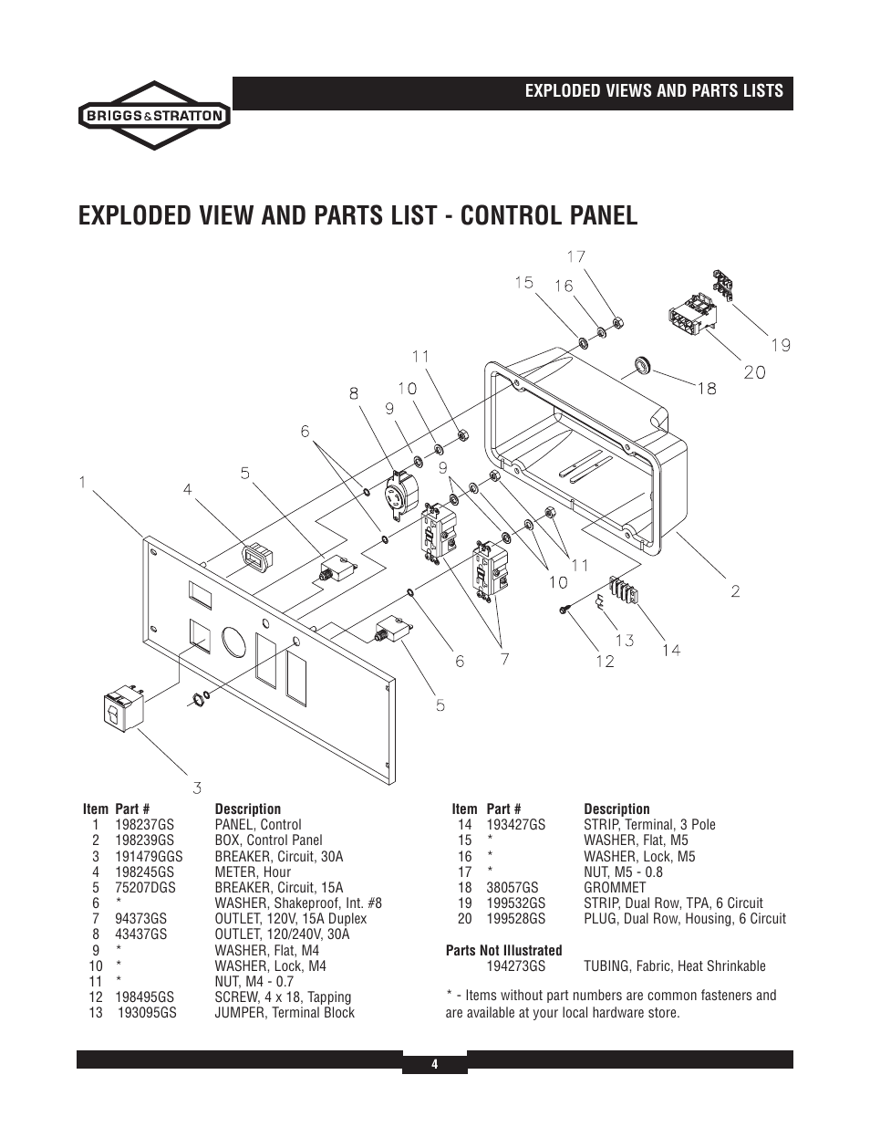 Exploded view and parts list - control panel | Briggs & Stratton 030244-02 User Manual | Page 4 / 6