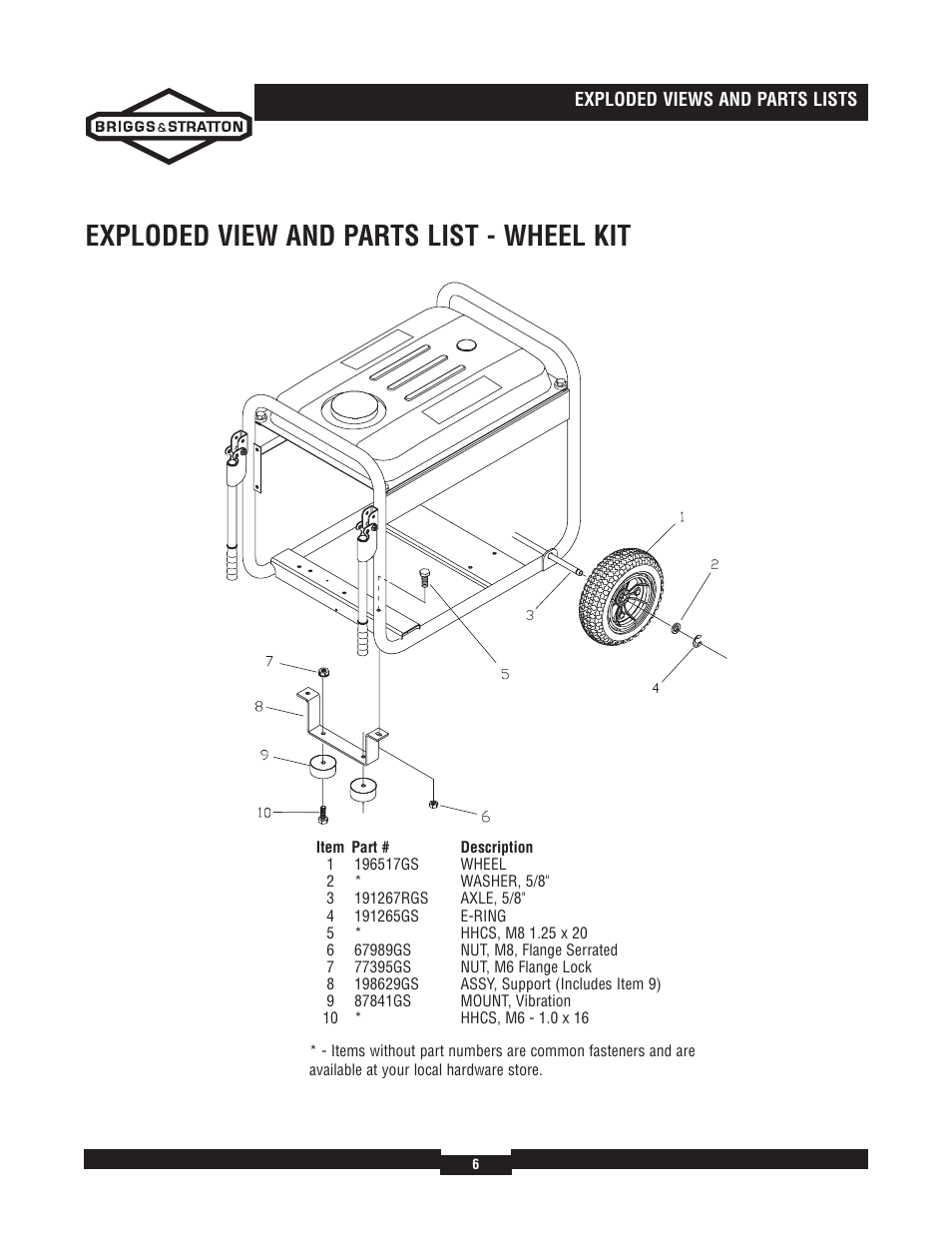 Exploded view and parts list - wheel kit | Briggs & Stratton 030244-02 User Manual | Page 6 / 6