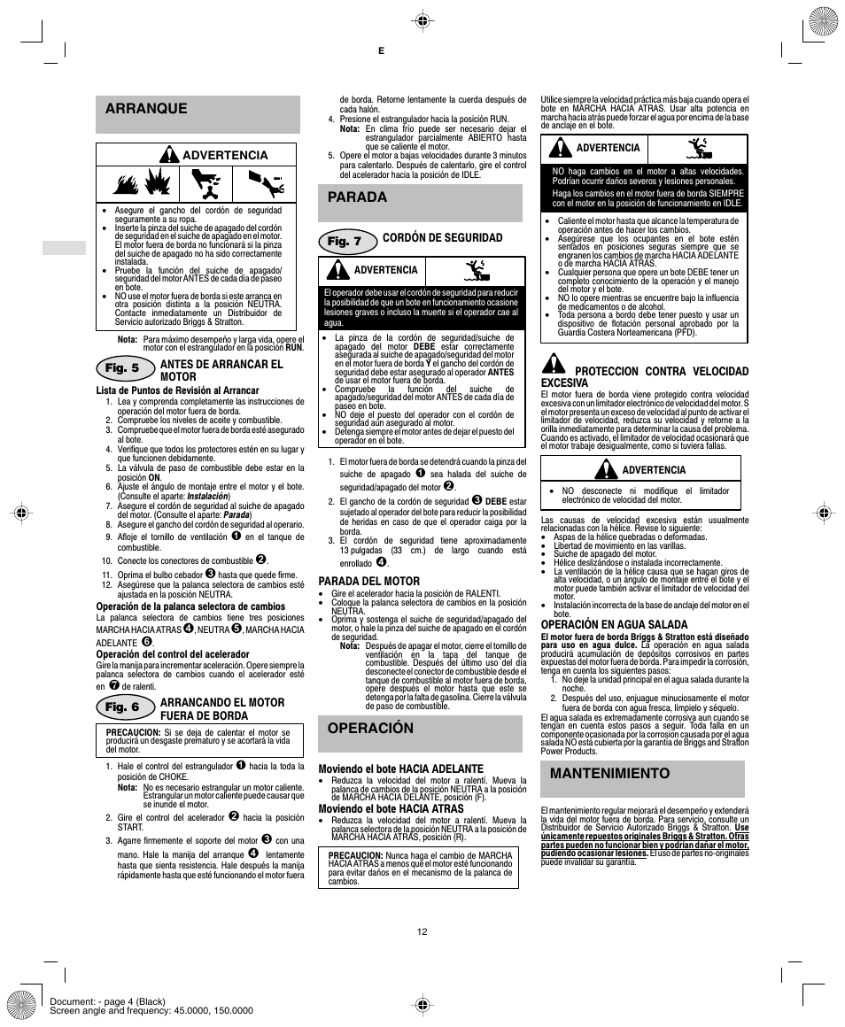 Arranque, Parada, Operación | Mantenimiento | Briggs & Stratton AA0101 User Manual | Page 14 / 28
