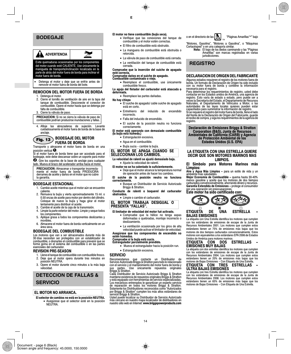 Bodegaje, Deteccion de fallas & servicio, Registro | Briggs & Stratton AA0101 User Manual | Page 16 / 28