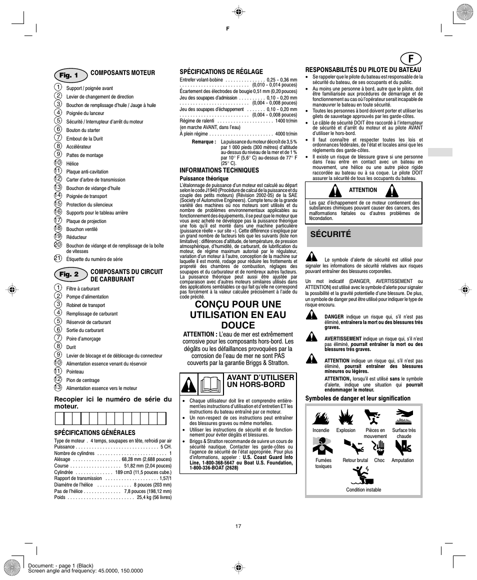 Conçu pour une utilisation en eau douce, Sécurité | Briggs & Stratton AA0101 User Manual | Page 19 / 28