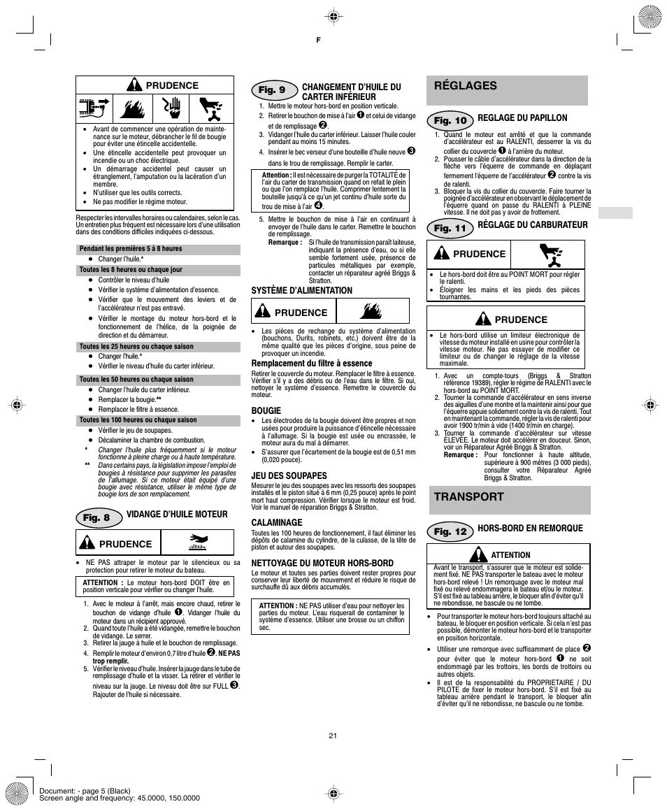 Réglages, Transport | Briggs & Stratton AA0101 User Manual | Page 23 / 28