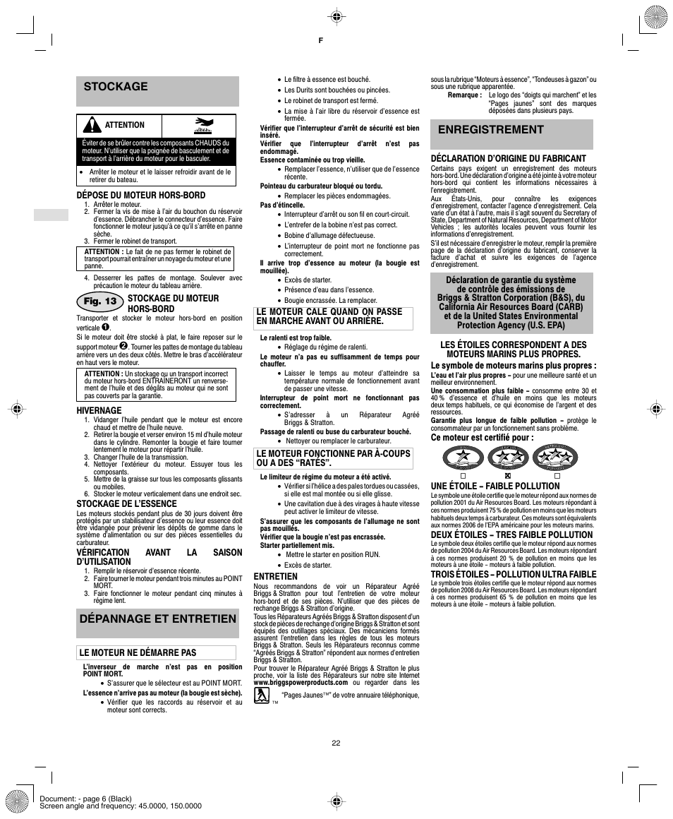 Stockage, Dépannage et entretien, Enregistrement | Briggs & Stratton AA0101 User Manual | Page 24 / 28