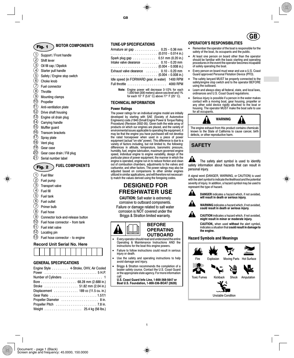 Designed for freshwater use, Safety | Briggs & Stratton AA0101 User Manual | Page 3 / 28
