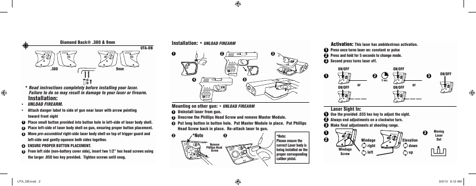 Installation, Activation, Laser sight in | Diamond back® .380 & 9mm, Unload firearm, Mounting on other gun, Aser, Uta-db, 380 9mm, Windage | LaserLyte UTA-DB - (Low Rez Size) / (Large Rez Size) User Manual | Page 2 / 2