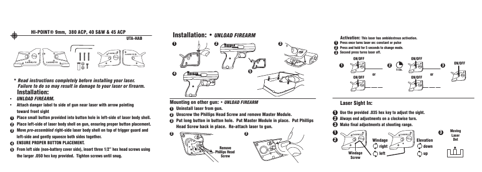 Installation, Laser sight in, Unload firearm | Mounting on other gun, Aser | LaserLyte UTA-HAB - Low Rez Size User Manual | Page 2 / 2