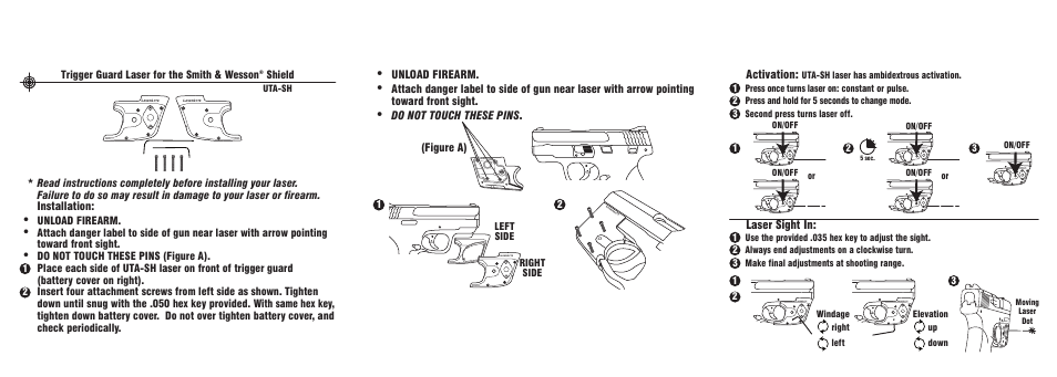 Installation, Unload firearm, Do not touch these pins . (figure a) | Activation, Laser sight in | LaserLyte UTA-SH - Low Rez Size User Manual | Page 2 / 2