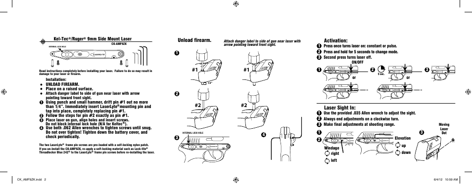 Unload firearm, Activation, Laser sight in | Kel-tec, Ruger, 9mm side mount laser | LaserLyte CK-AMF9ZK - Large Rez Size User Manual | Page 2 / 2