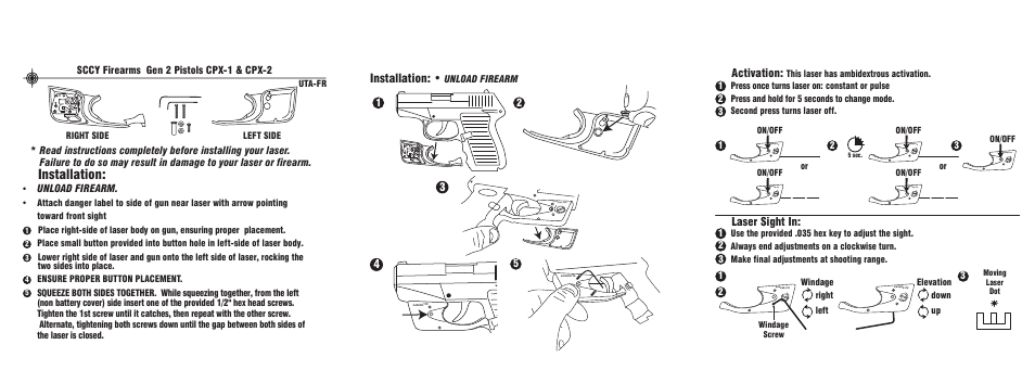 Installation, Activation, Laser sight in | Sccy firearms gen 2 pistols cpx-1 & cpx-2, Unload firearm | LaserLyte UTA-FR - Large Rez Size User Manual | Page 2 / 2