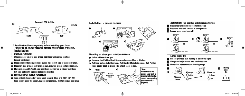 Installation, Activation, Laser sight in | Mounting on other gun | LaserLyte ADP-ZK - Large Rez Size User Manual | Page 2 / 2