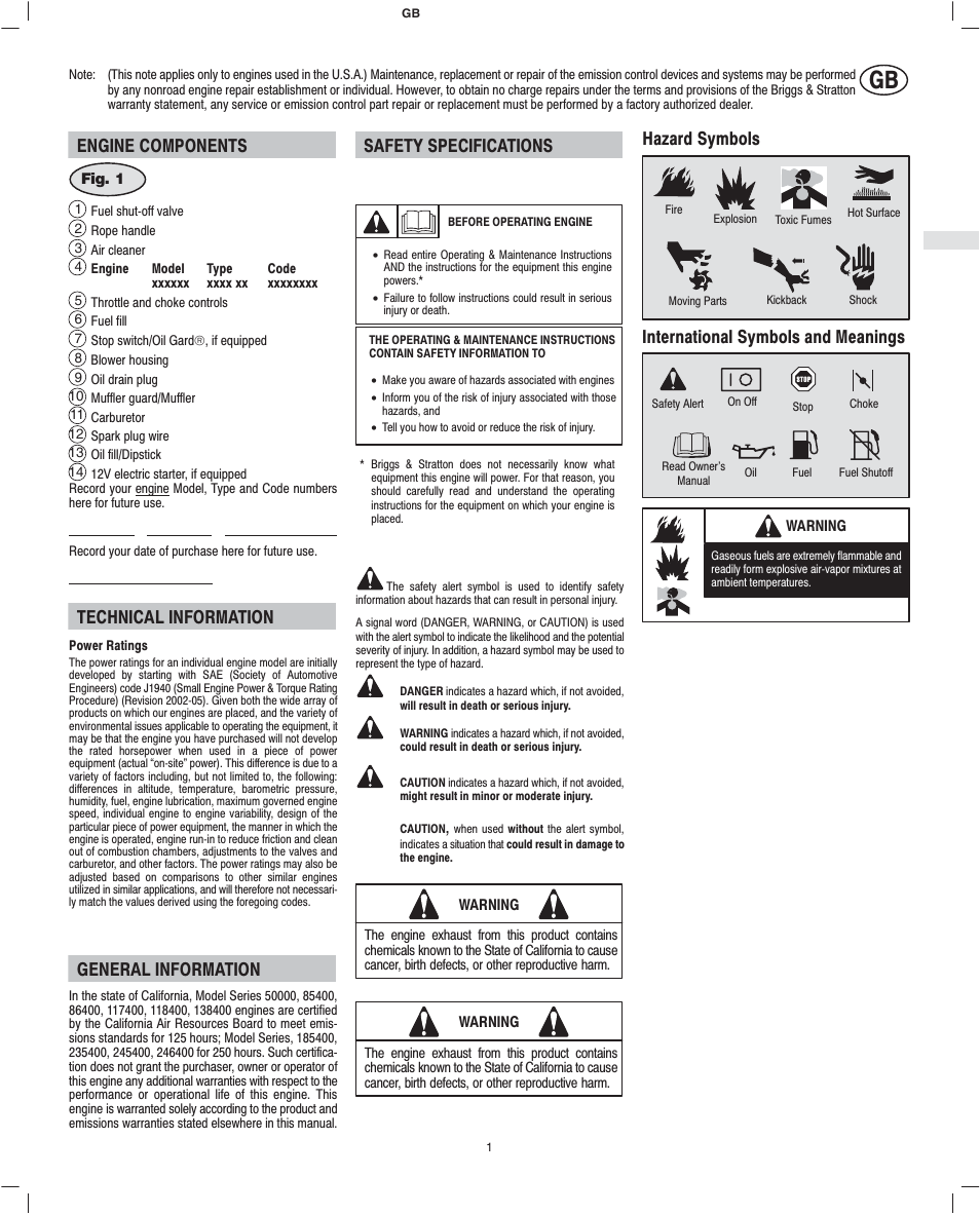 Engine components, Technical information, General information | Safety specifications, Hazard symbols, International symbols and meanings | Briggs & Stratton 118400 User Manual | Page 3 / 10