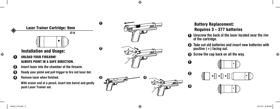 Installation and usage, Battery replacement: requires 3 - 377 batteries, Laser trainer cartridge: 9mm | LaserLyte LT-9 - Large Rez Size User Manual | Page 2 / 2
