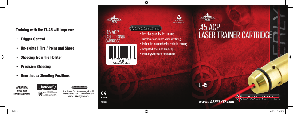 LaserLyte LT-45 - Large Rez Size User Manual | 2 pages