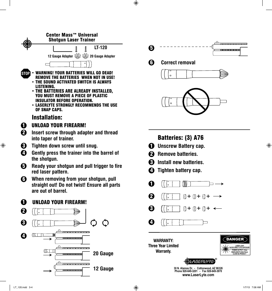 Batteries: (3) a76, Installation | LaserLyte LT-120 - Large Rez Size User Manual | Page 2 / 2