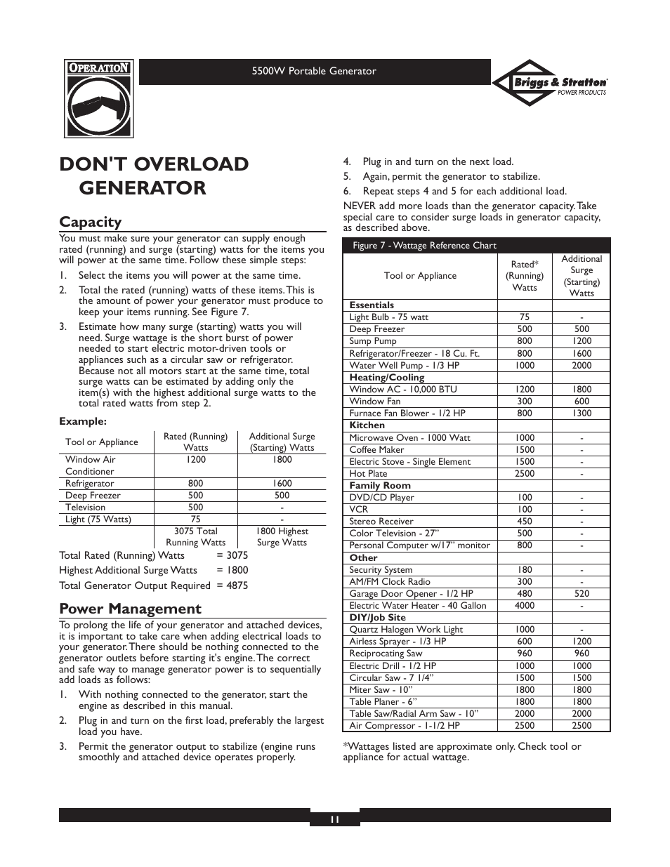 Don't overload generator, Capacity, Power management | Briggs & Stratton Elite Series 30209 User Manual | Page 11 / 36